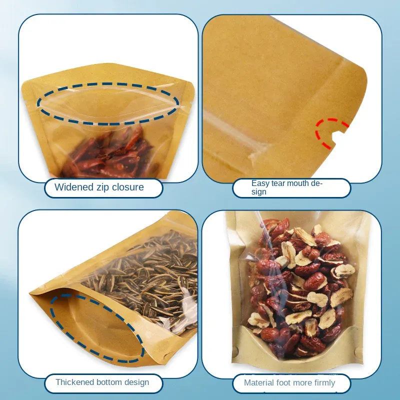 Sachets Kraft Ziplock Transparent - Lot de 100 Pièces Resealable
