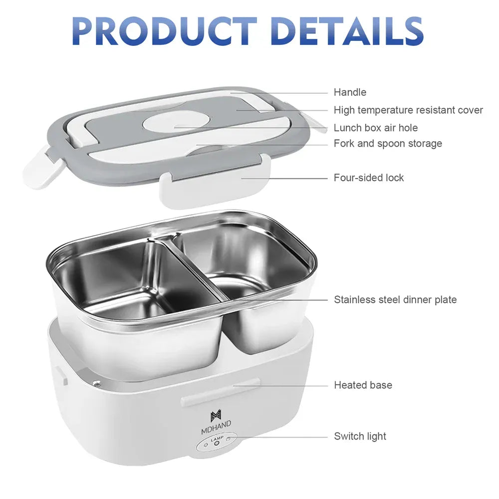 Lunch Box Chauffante Électrique 65 W — Cuve Inox 304 Amovible 1,5 L, 2 Compartiments, Voiture et Secteur lunchboxchauf