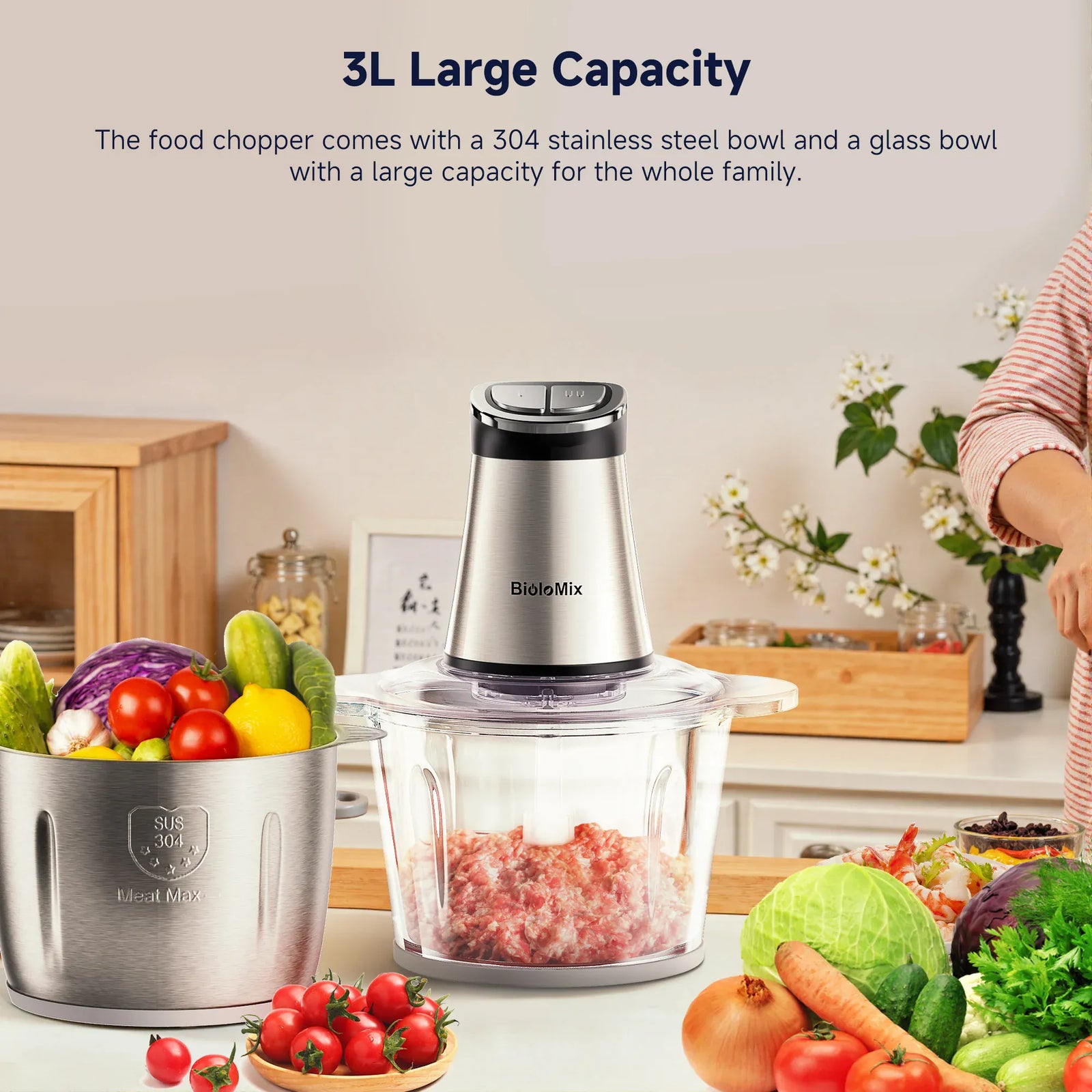 Hachoir Électrique 300W 3L — 2 Bols (Inox + Verre) et Lames Bi-Niveaux hachoir electrique