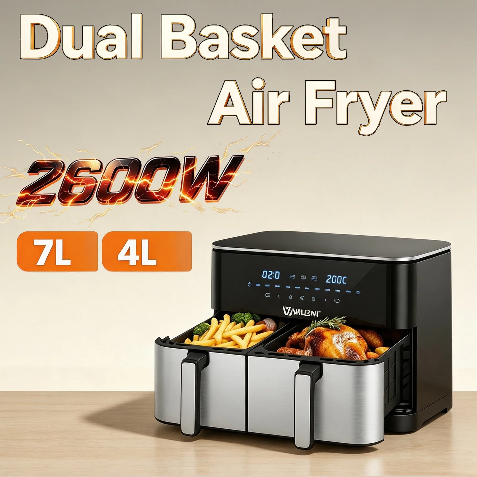Air fryer double panier 7 L et 4 L dans une cuisine avec ailes et boulettes
