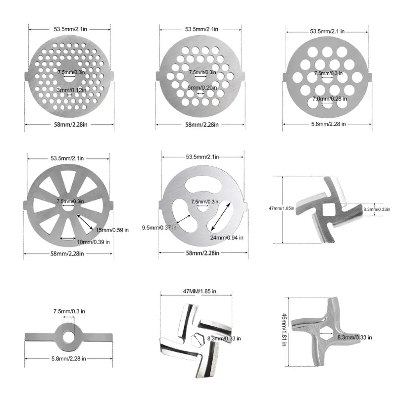 Pièces de Rechange et Accessoires pour Hachoir à Viande — Couteau, Grilles, Entonnoirs Inox