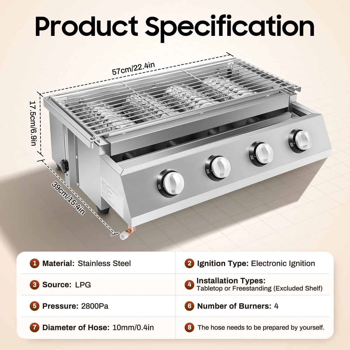 Plancha Gaz 4 Brûleurs Inox – Barbecue de Table Sans Fumée, Grille Amovible (GPL)