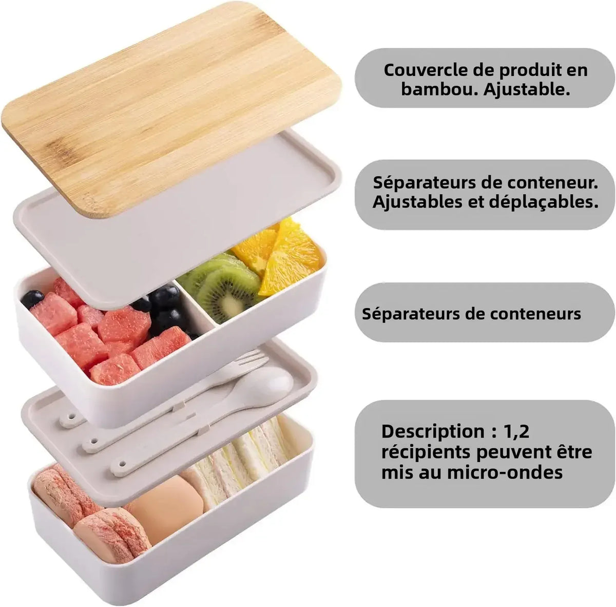 Bento 2 Étages en Bambou et Plastique | Boîte de Rangement Alimentaire Bento