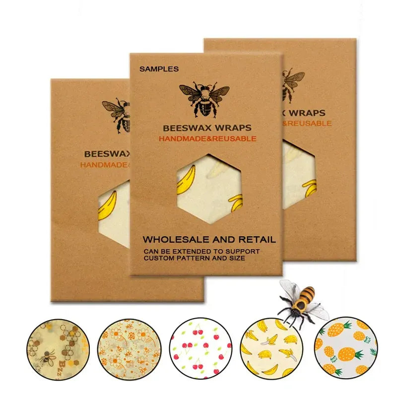 Film Alimentaire Cire d'Abeille Lot de 3 Motifs Écologiques far