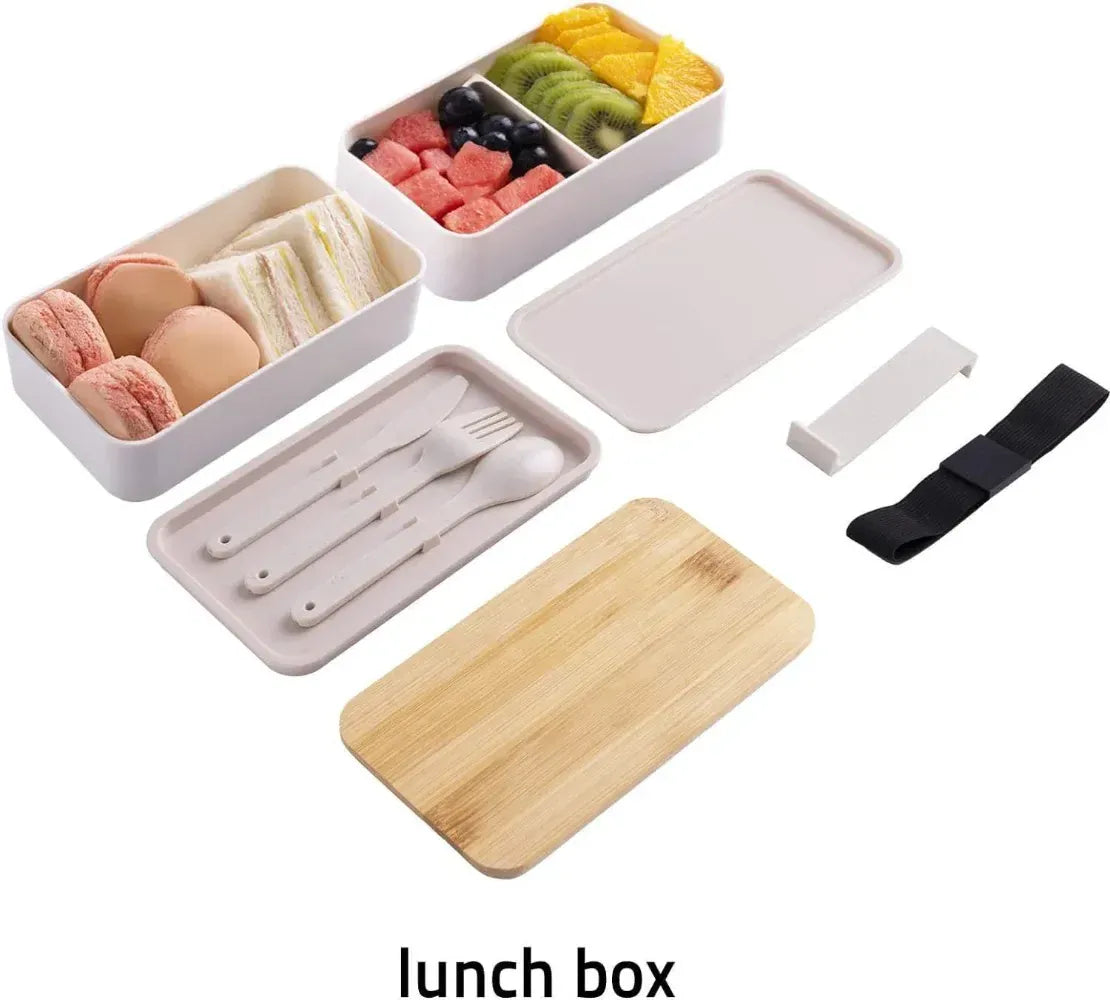 Bento 2 Étages en Bambou et Plastique | Boîte de Rangement Alimentaire Bento