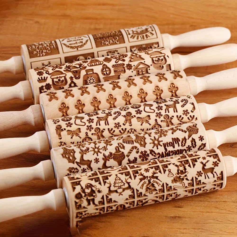 Rouleau à pâtisserie en bois avec motifs gravés de Noël - Outil de décoration pour biscuits rouleaupatisserie