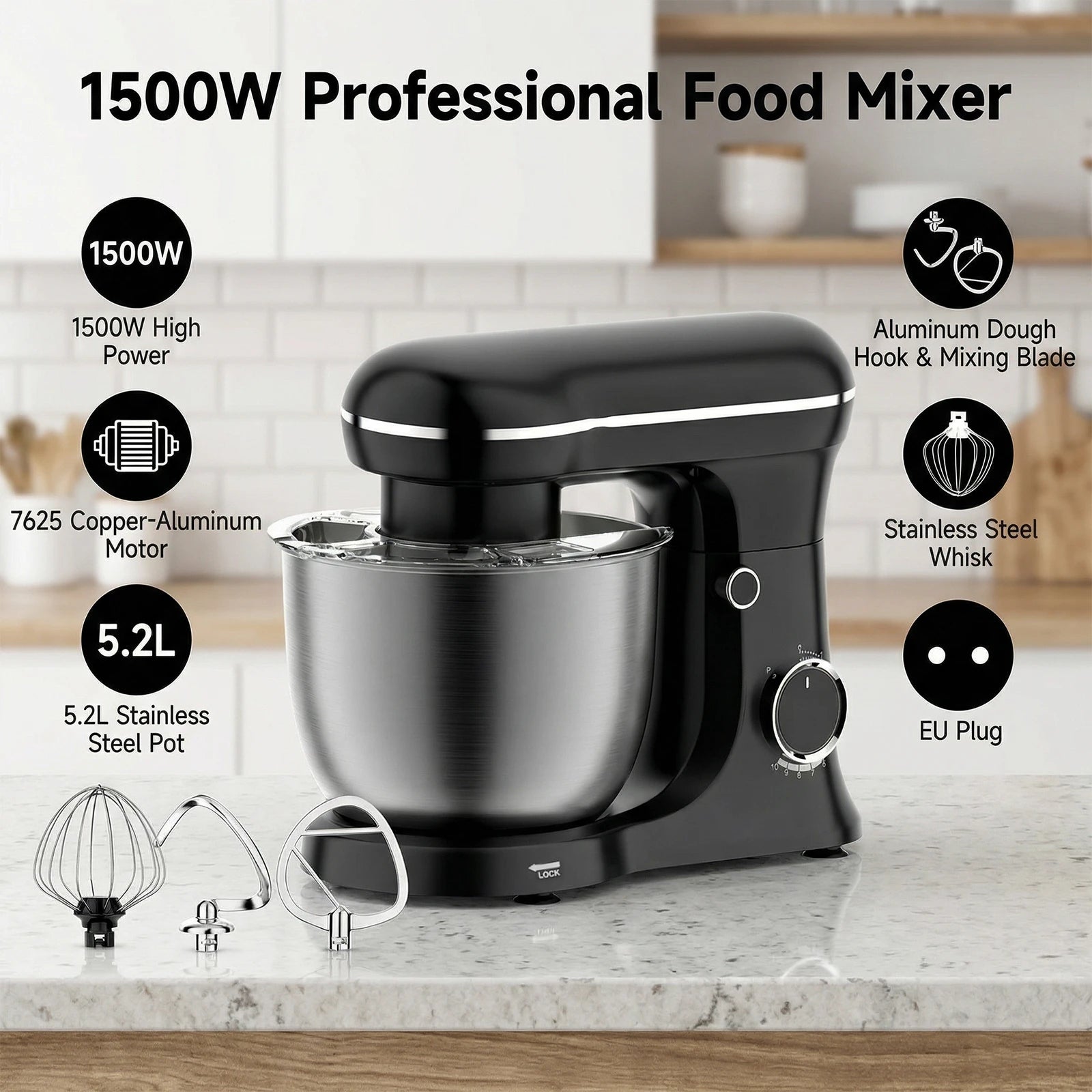 Robot pâtissier 1500 W noir, tête relevée avec batteur plat