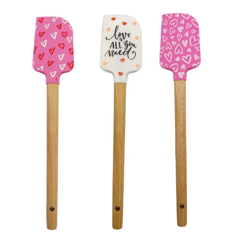 Spatule en Silicone Motifs Cœurs avec Manche en Bois spatule en silicone