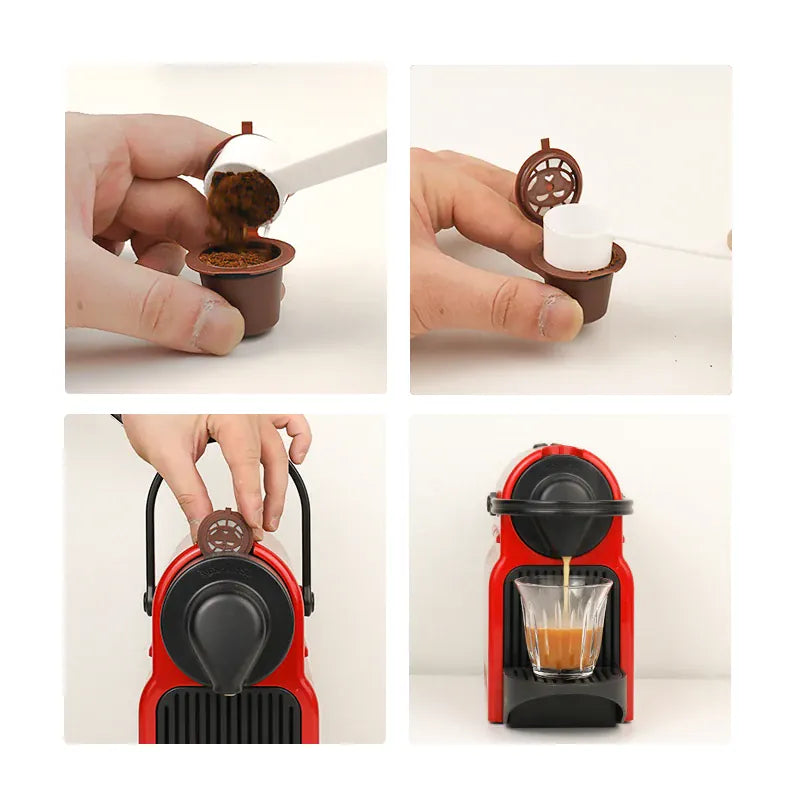 Capsules de Café Réutilisables Compatible Nespresso — Lot de 3 ou 6 Pièces avec Cuillère et Brosse capsule