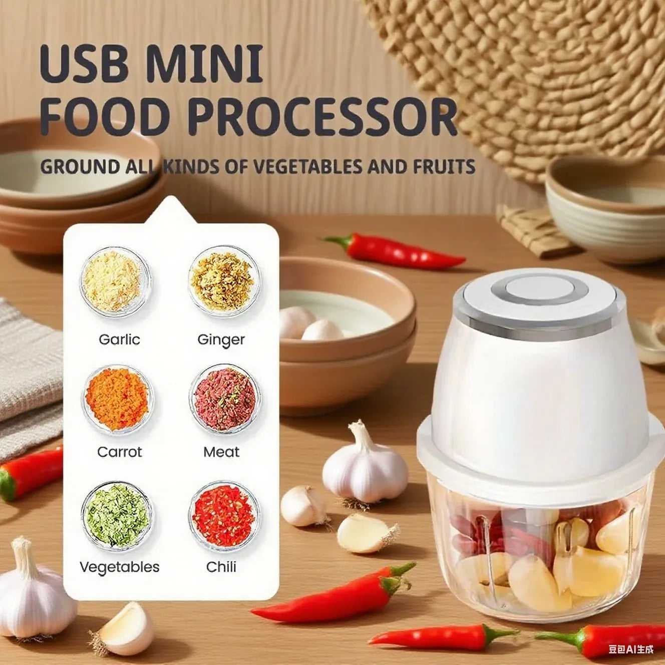Mini Hachoir Électrique Sans Fil 350 ml — Bol en Verre, 6 Lames Inox, Batterie USB-C hachoir electrique