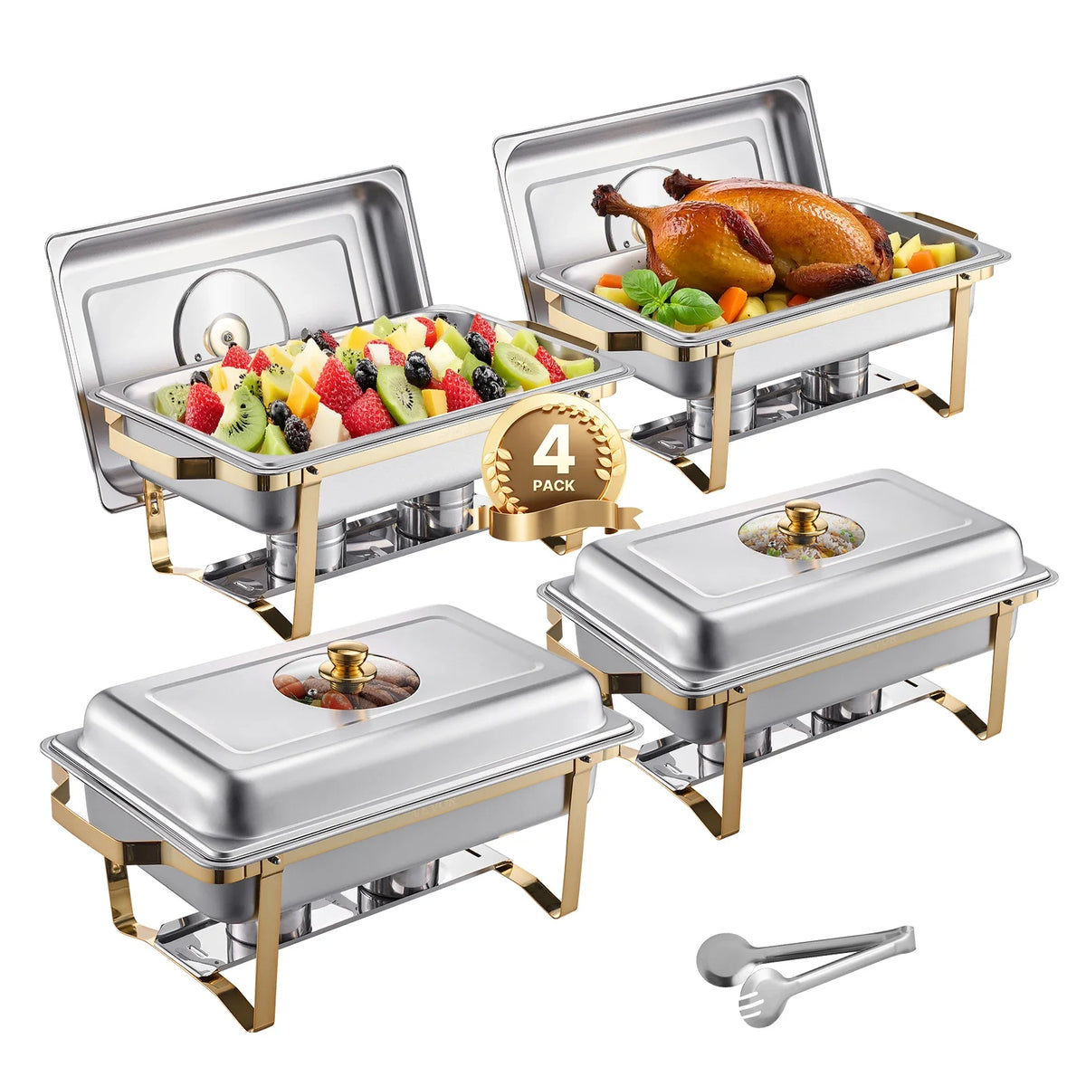 Lot de 4 chafing dishes inox dorés à couvercle hublot avec grands bacs et pince