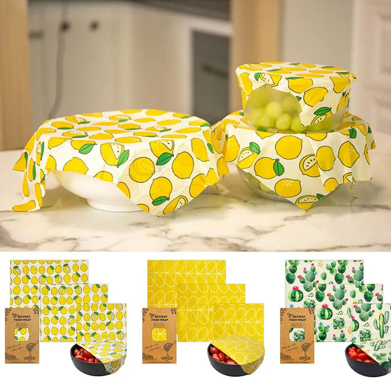 Film Alimentaire Réutilisable Cire d'Abeille Lot de 3 motifs fruités far