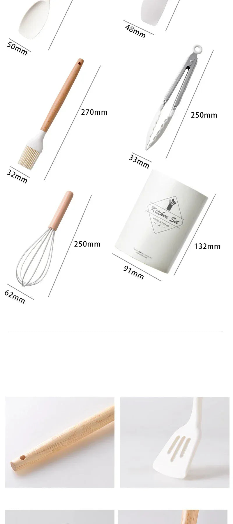 Set Ustensiles Silicone 12 Pieces avec Poignée en Bois - Cuisine spatule en silicone
