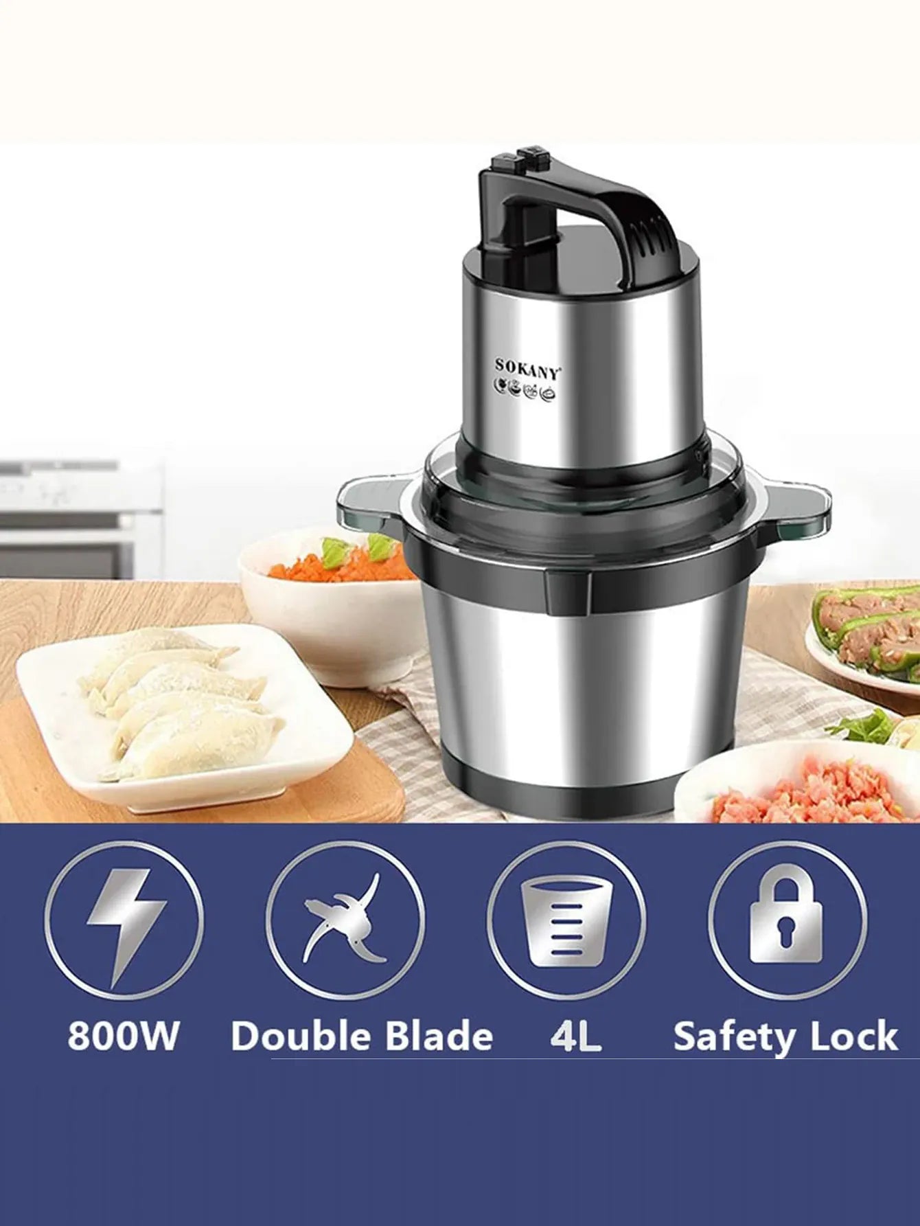 Hachoir Électrique 800W Bol Inox — 4 Lames, 2 Vitesses, Viandes et Légumes hachoir electrique