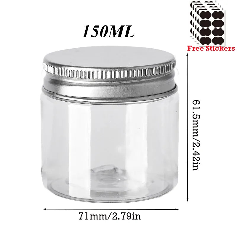Lot de 50 Pots en Plastique PET Alimentaire 30–150 ml avec Couvercle Aluminium Vissé