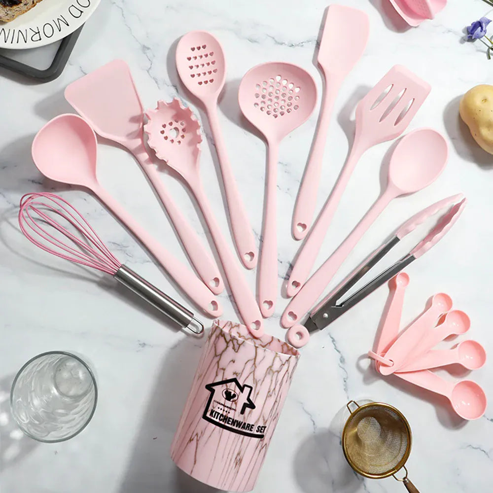 Set de 18 Ustensiles Pratiques en silicone (Rose/Blanc/Noir) spatule en silicone