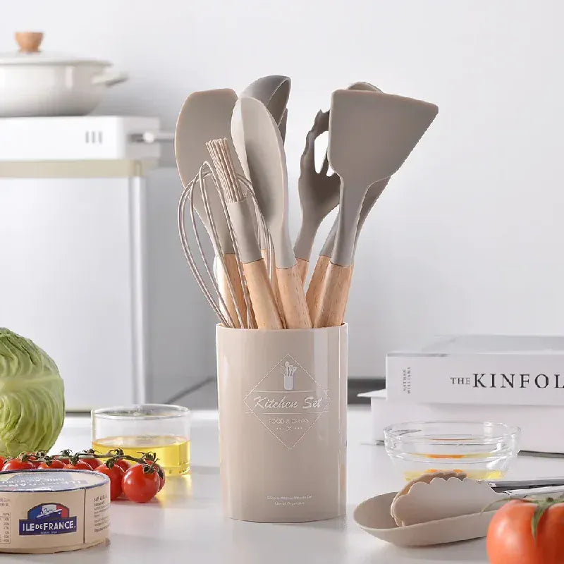 Set Ustensiles Silicone 12 Pieces avec Poignée en Bois - Cuisine spatule en silicone