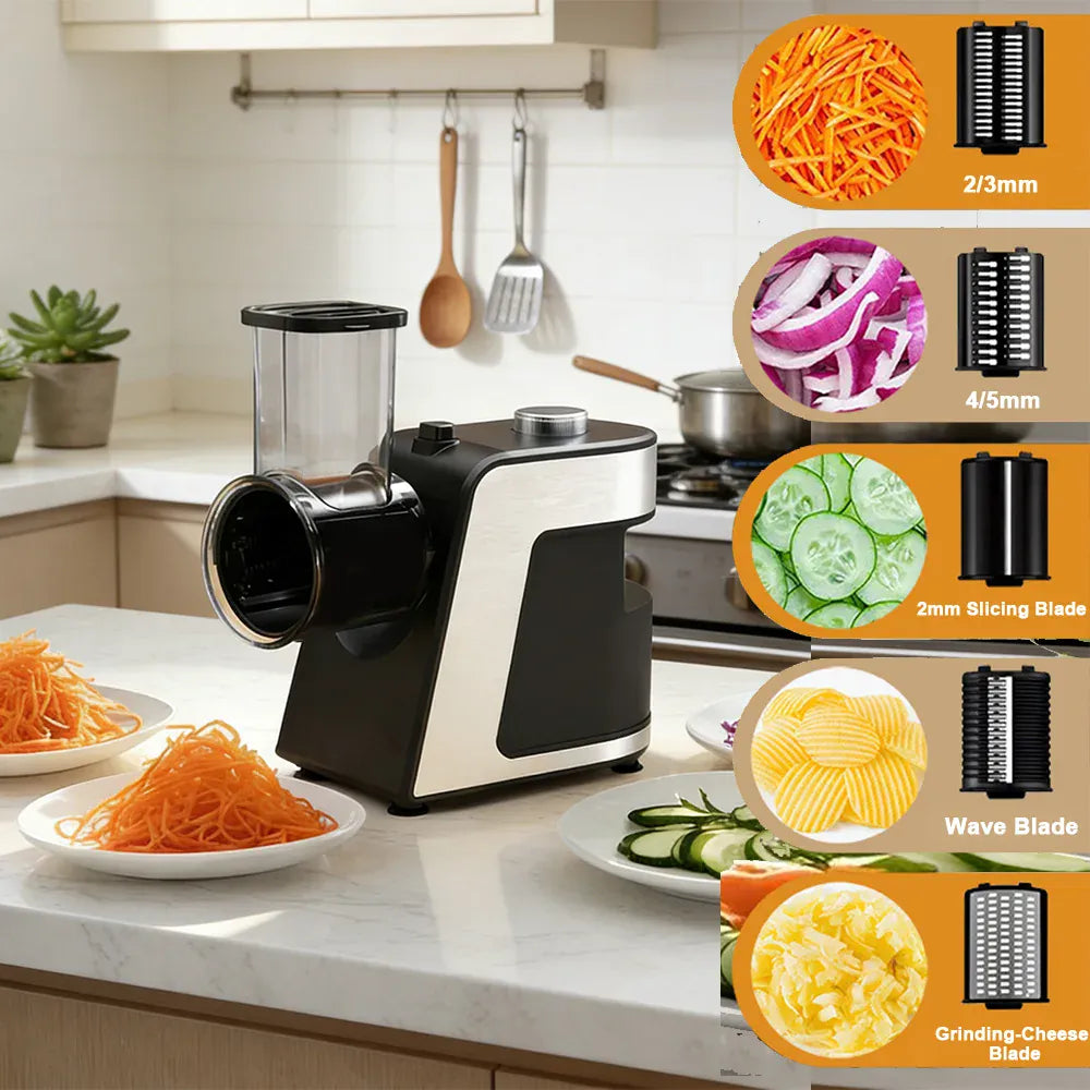 Coupe-légumes électrique 5-en-1 avec râpe à fromage et multiples lames pour carottes pommes de terre et concombres Coupe Légumes