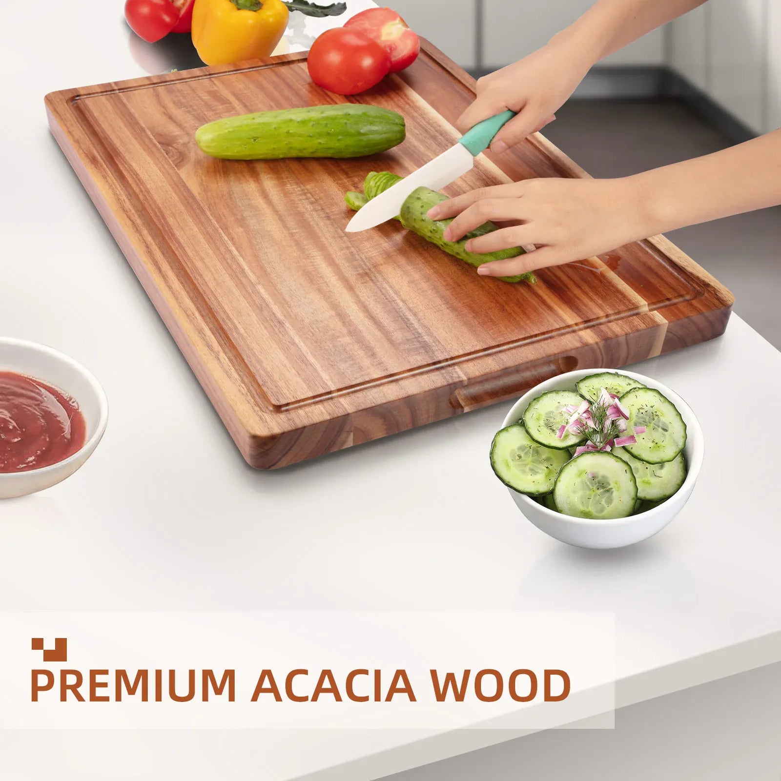Planche à Découper en Bois d'Acacia Massif avec Rainures Jus et Poignées — 51×38 cm ou 61×46 cm planche a decouper en bois