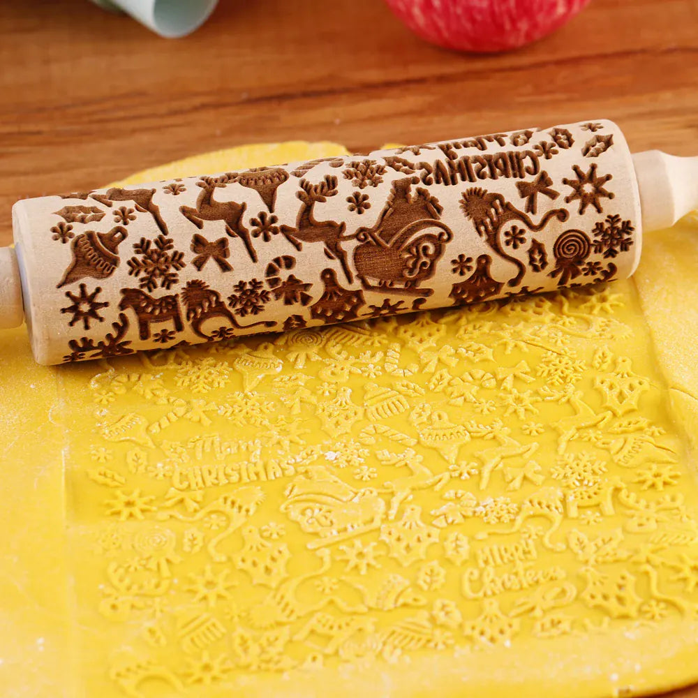 Rouleau à pâtisserie en bois avec motifs gravés de Noël - Outil de décoration pour biscuits rouleaupatisserie