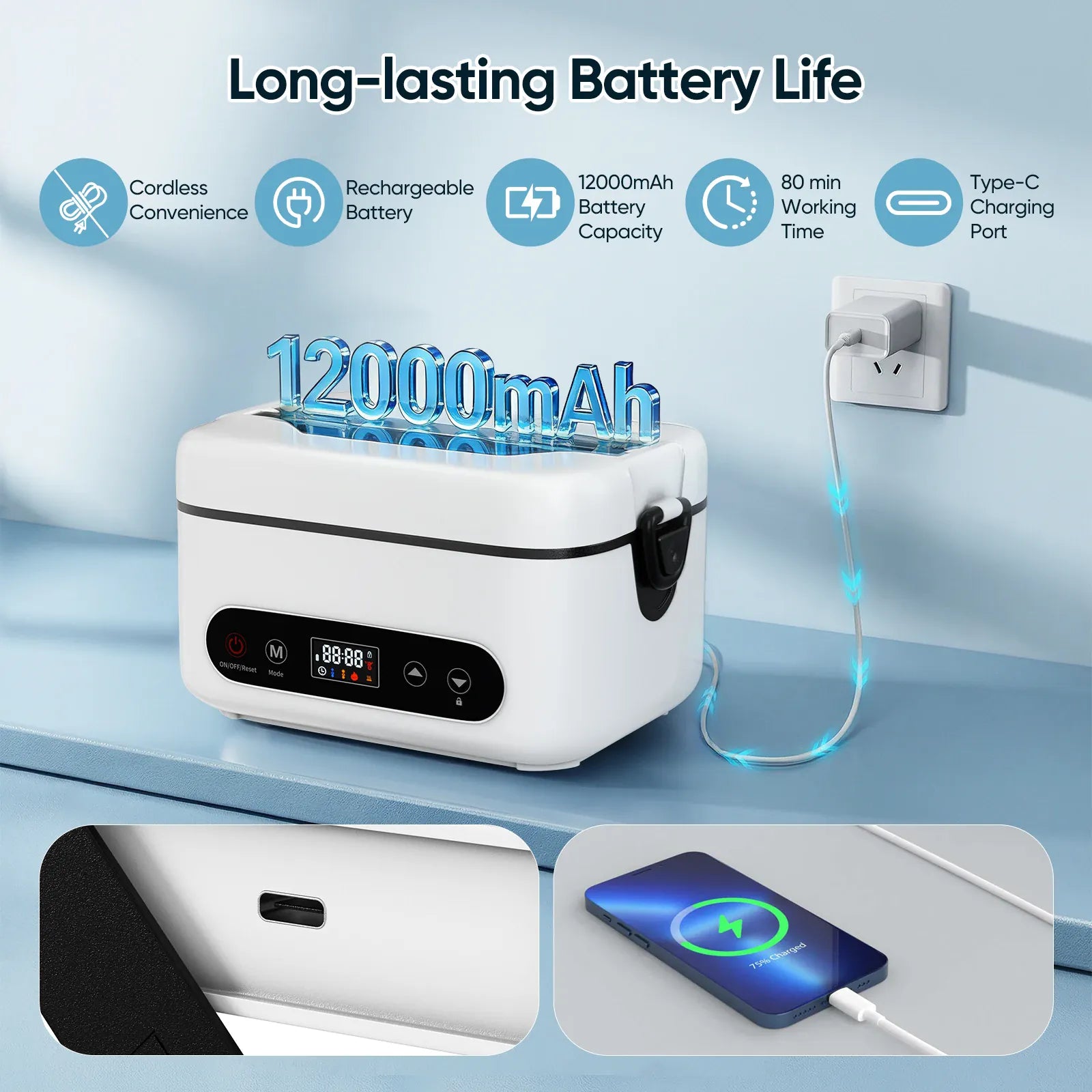 Lunch Box Chauffante Sans Fil 100W — Batterie 12000mAh, 1,2L Inox, 4 Modes, Minuterie 12h lunchboxchauf