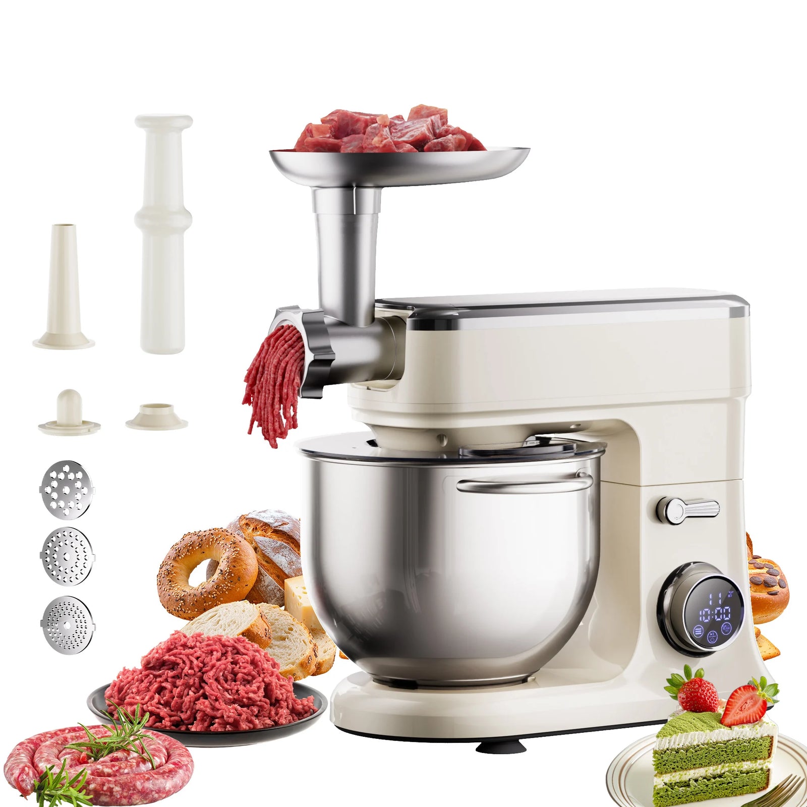 Robot pâtissier 7 L blanc crème, bol inox et batteur, version robot seul