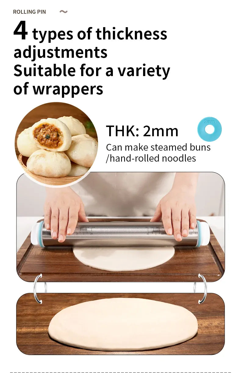 Rouleau à pâtisserie en acier inoxydable ajustable avec anneaux d'épaisseur amovibles rouleaupatisserie