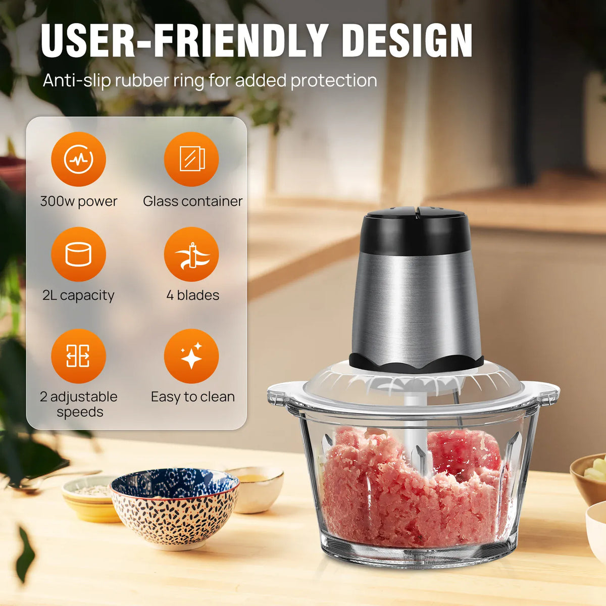 Hachoir Électrique 300W avec Bol en Verre 2L — Aliments Mous et Durs hachoir electrique