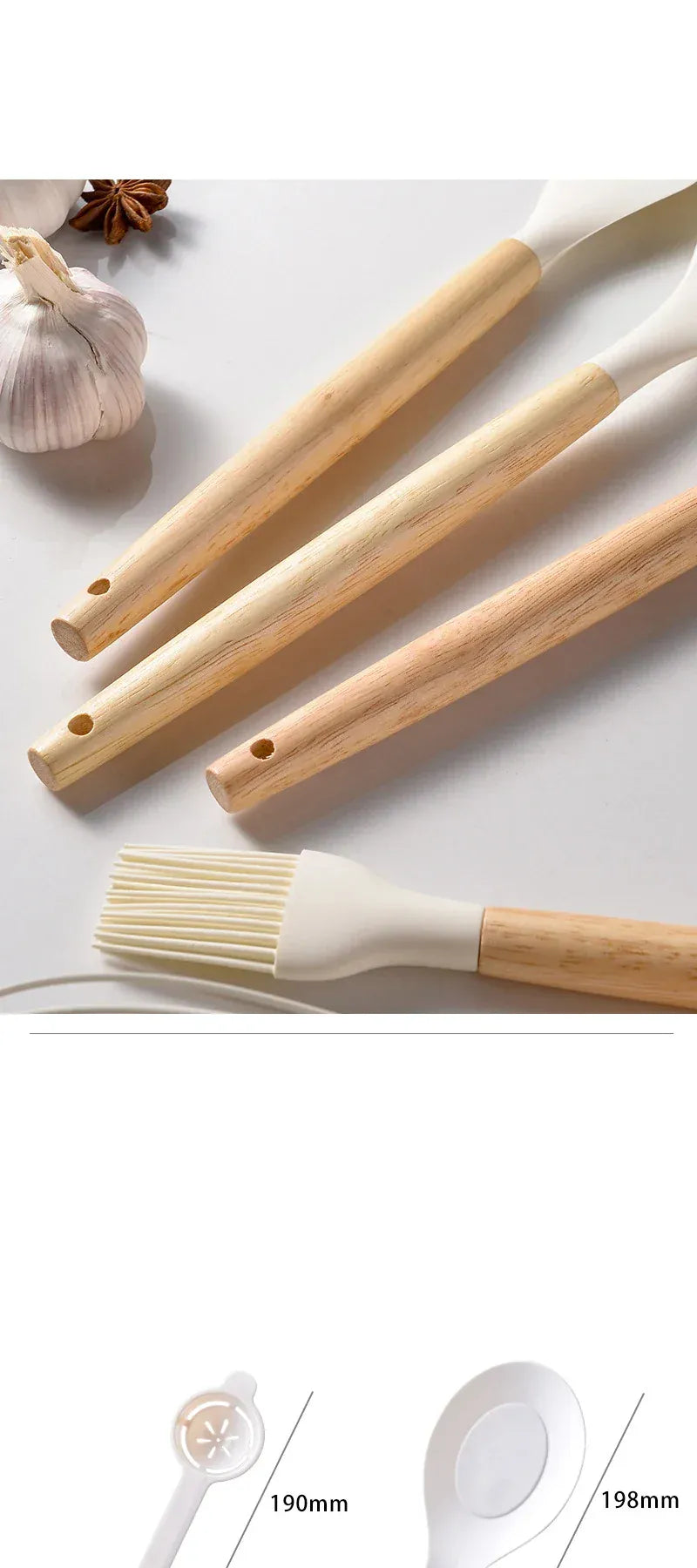 Set Ustensiles Silicone 12 Pieces avec Poignée en Bois - Cuisine spatule en silicone