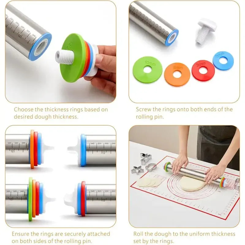 Rouleau à pâtisserie en acier inoxydable ajustable avec marqueurs de mesure rouleaupatisserie