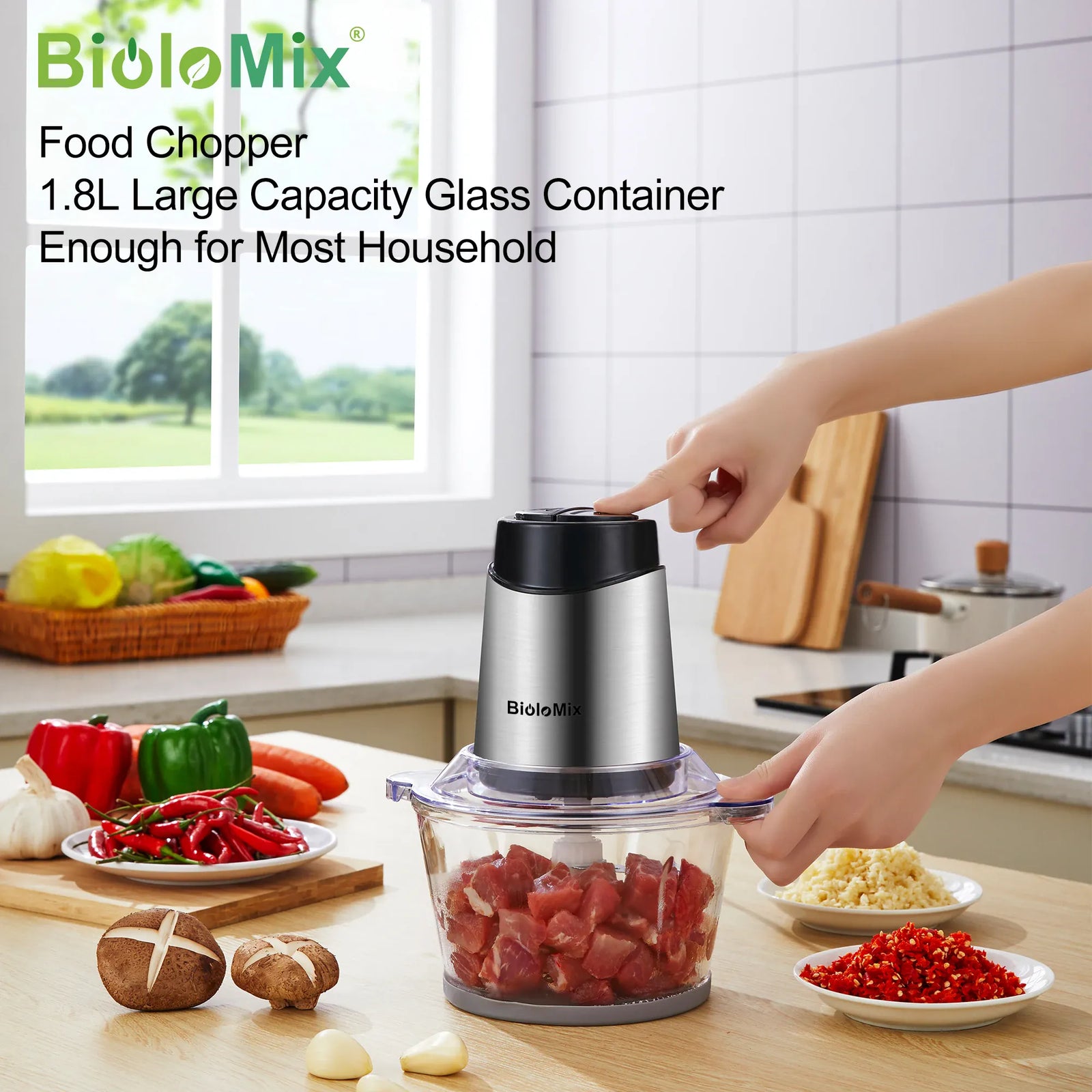 Hachoir Électrique 500W 1,8L Verre – 4 Lames Inox 304 – Dual Control Viande Légumes hachoir electrique