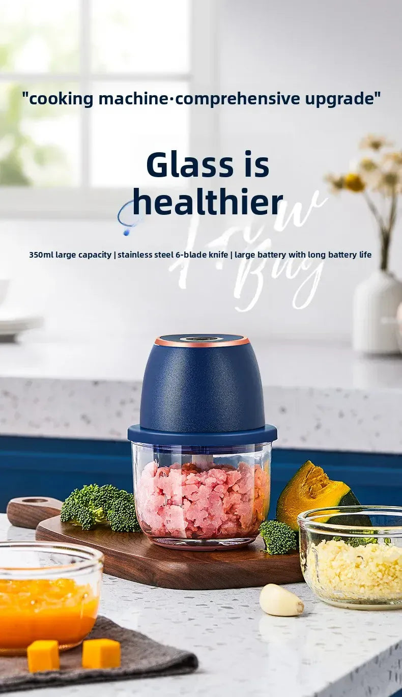 Mini Hachoir Électrique Sans Fil 350 ml — Bol en Verre, 6 Lames Inox, Batterie USB-C hachoir electrique