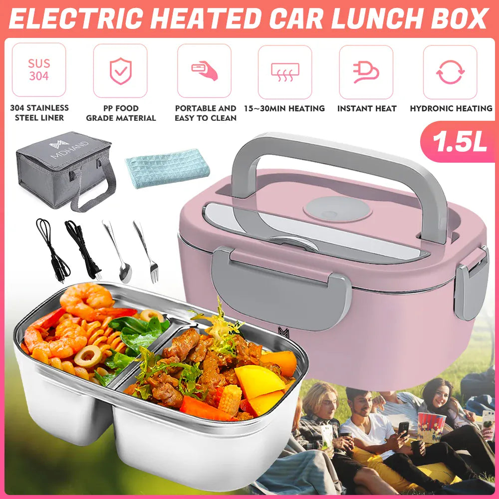 Lunch Box Chauffante Électrique 65 W — Cuve Inox 304 Amovible 1,5 L, 2 Compartiments, Voiture et Secteur lunchboxchauf