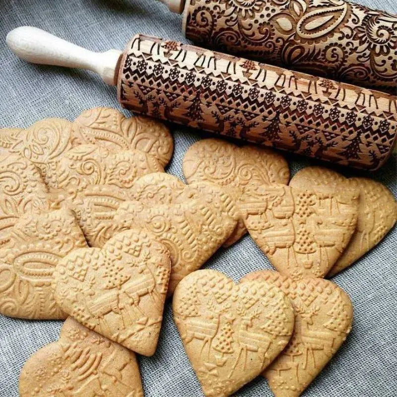 Rouleau à pâtisserie en bois rétro avec motifs gravés - Style européen rouleaupatisserie