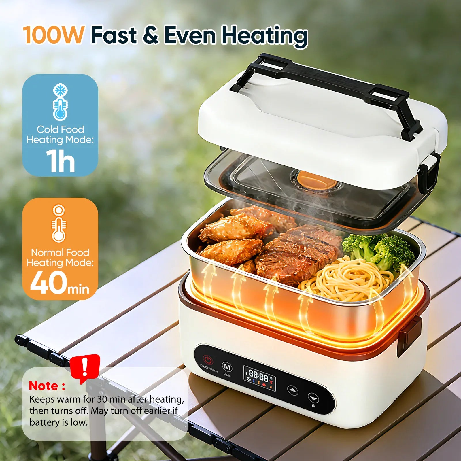 Lunch Box Chauffante Sans Fil 100W — Batterie 12000mAh, 1,2L Inox, 4 Modes, Minuterie 12h lunchboxchauf