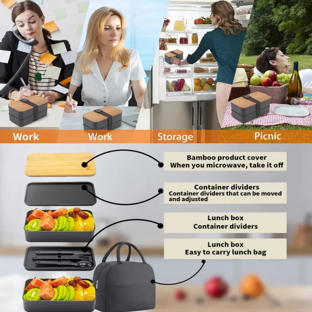 Bento 2 Étages en Plastique Écologique | Boîte à Lunch avec Couverts Bento
