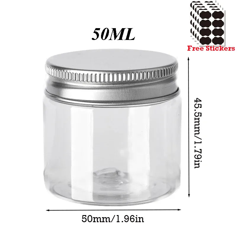 Lot de 50 Pots en Plastique PET Alimentaire 30–150 ml avec Couvercle Aluminium Vissé