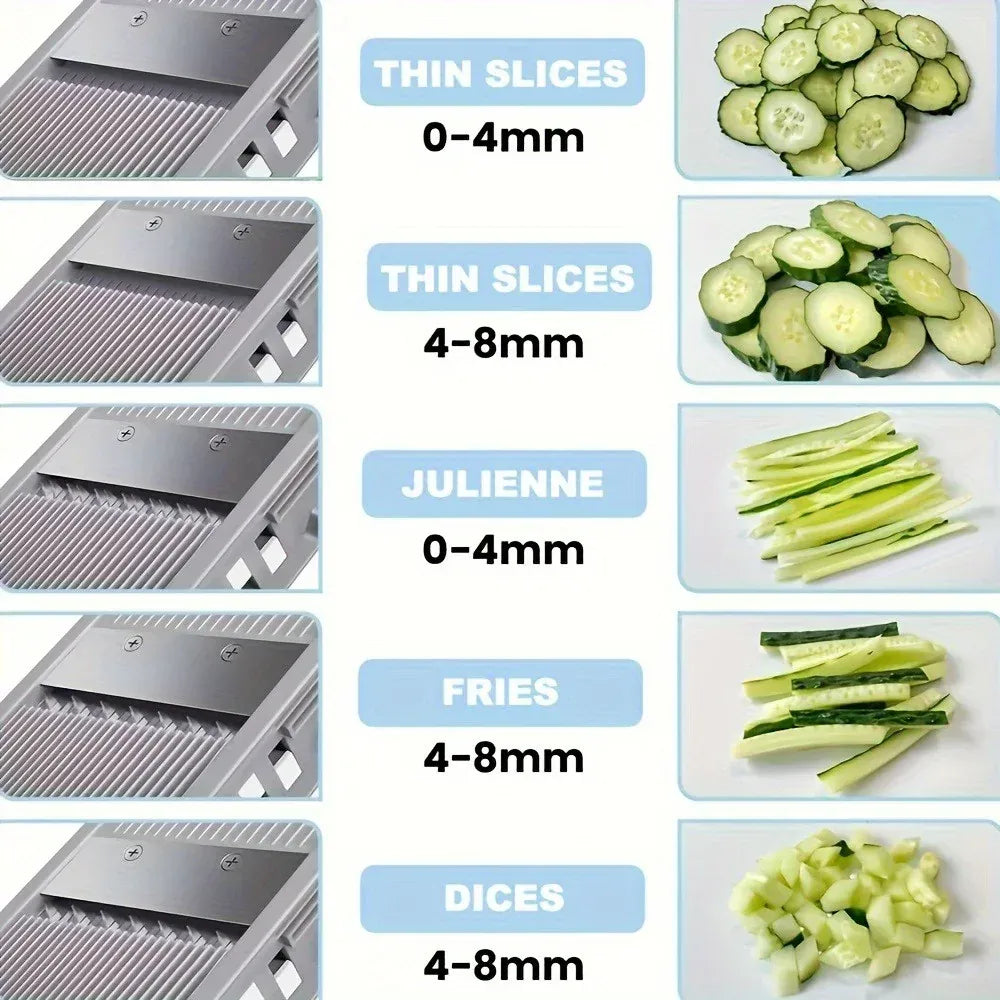Mandoline Légumes Réglable 4 Modes — Tranches, Julienne, Dés, 0–8 mm Mandoline