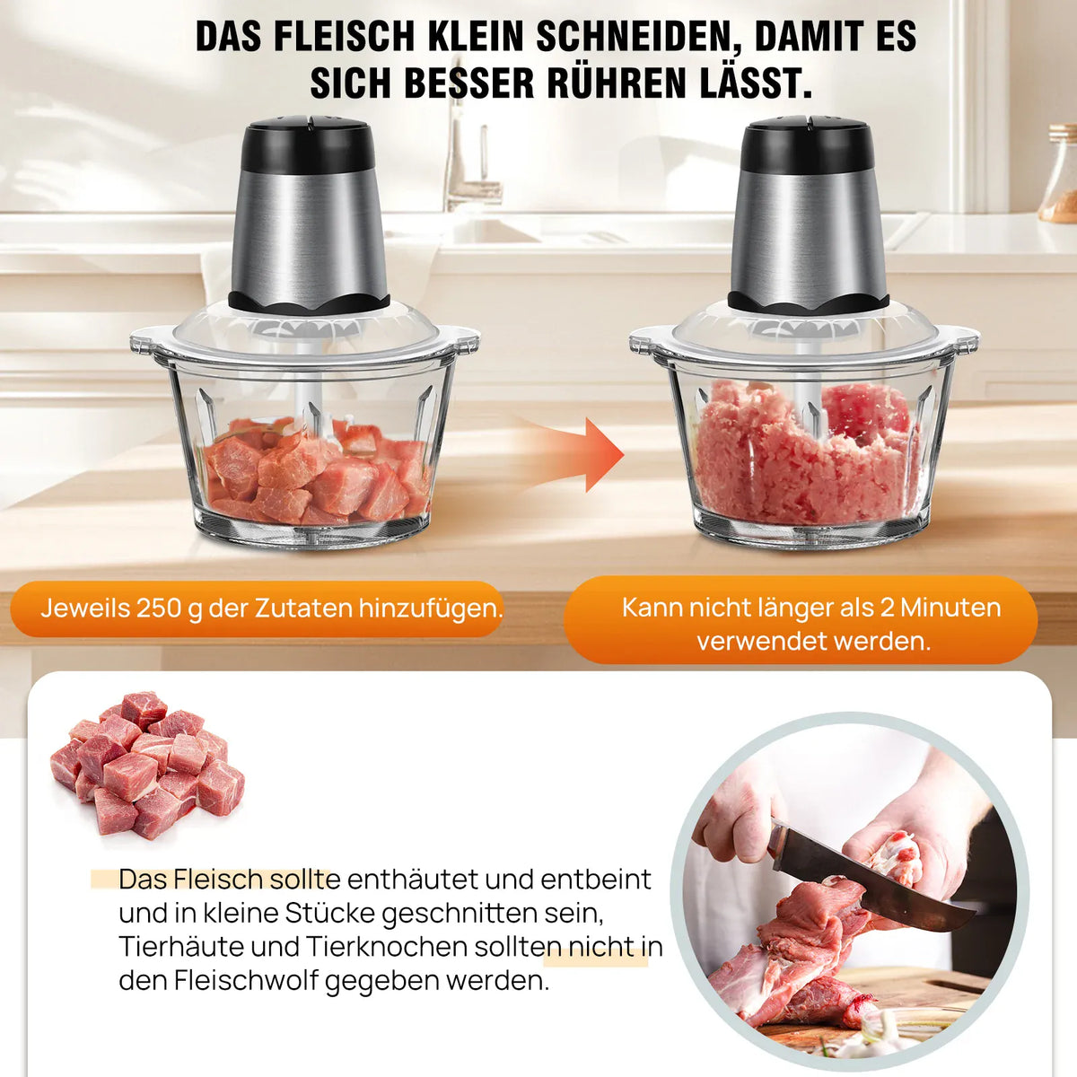 Hachoir Électrique Multifonction 300 W — Bol en Verre 2 L, 4 Lames Inox, 2 Vitesses hachoir electrique