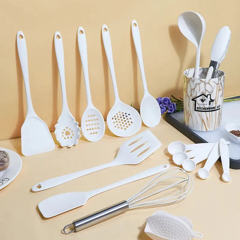 Set de 18 Ustensiles Pratiques en silicone (Rose/Blanc/Noir) spatule en silicone