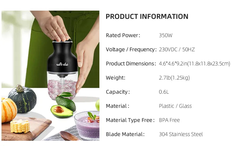Hachoir Électrique 350W 0,6L — Viande, Légumes, Fruits — One-Touch hachoir electrique
