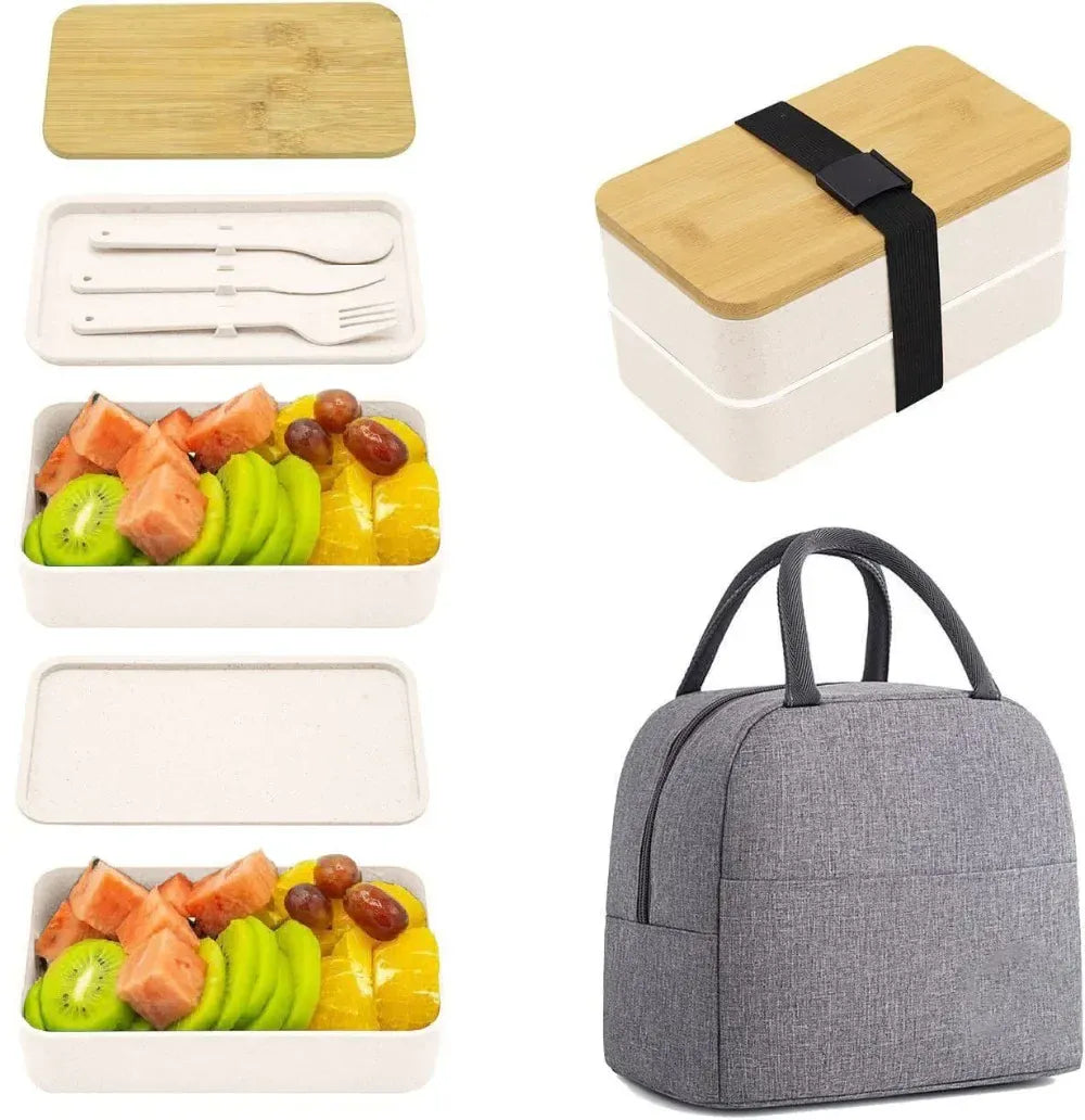 Bento 2 Étages en Bambou et Plastique | Boîte de Rangement Alimentaire Bento