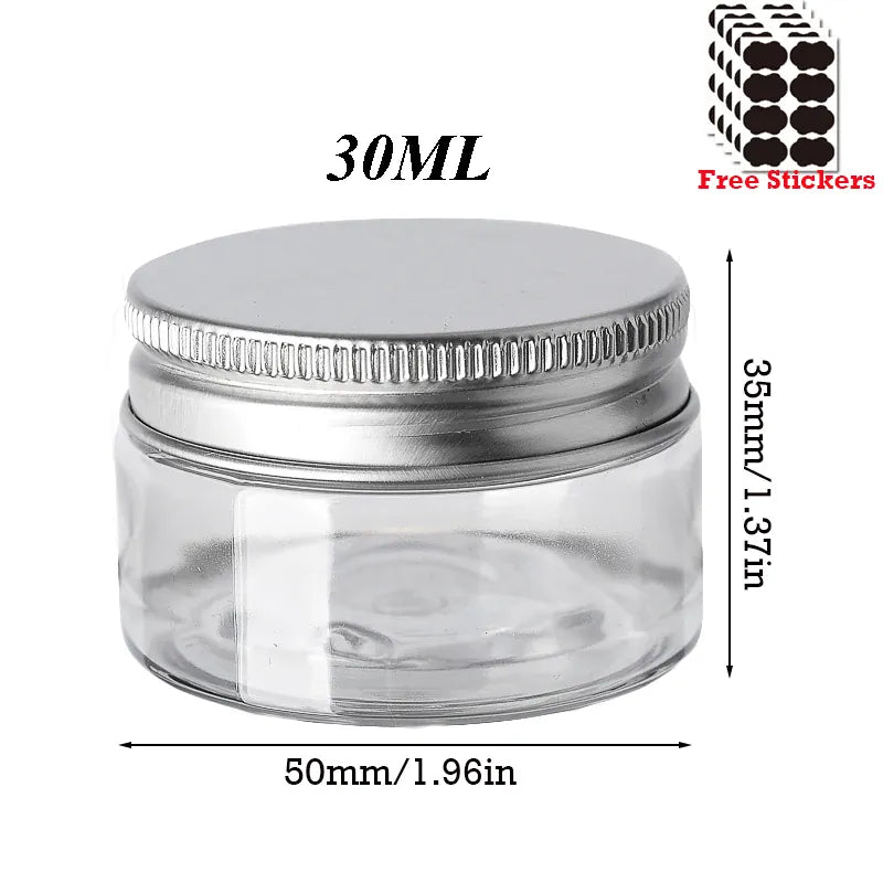 Lot de 50 Pots en Plastique PET Alimentaire 30–150 ml avec Couvercle Aluminium Vissé