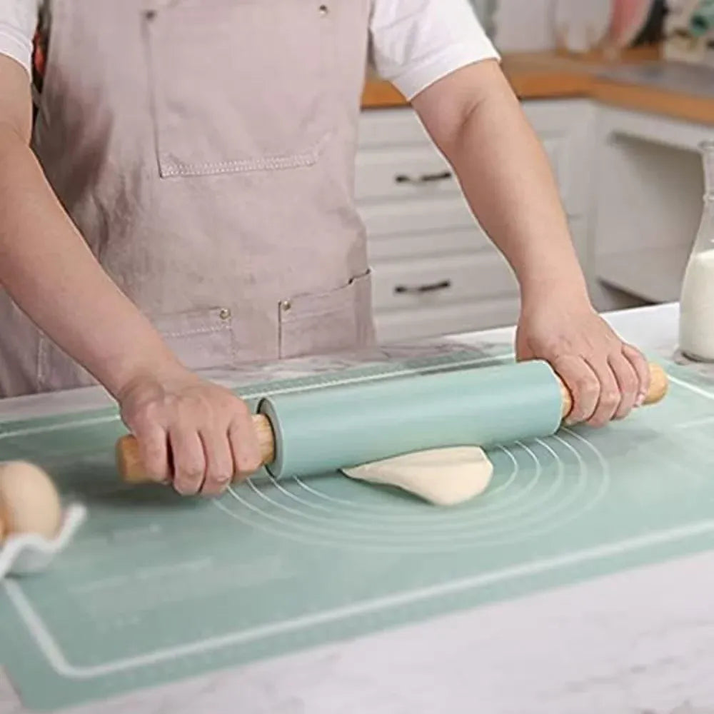 Rouleau à pâtisserie en silicone anti-adhésif avec poignées en bois rouleaupatisserie