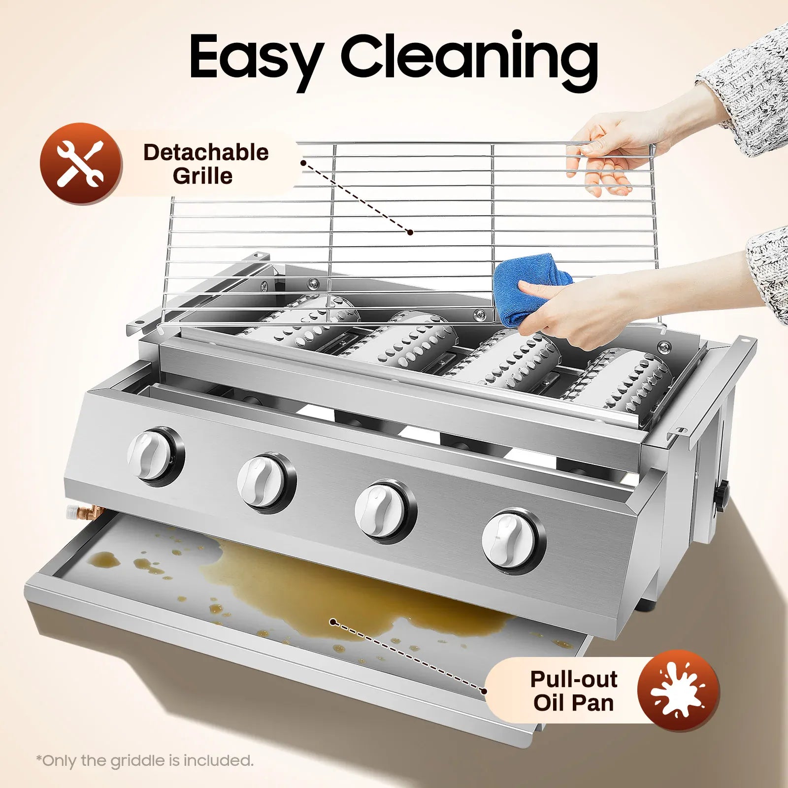 Plancha Gaz 4 Brûleurs Inox – Barbecue de Table Sans Fumée, Grille Amovible (GPL)
