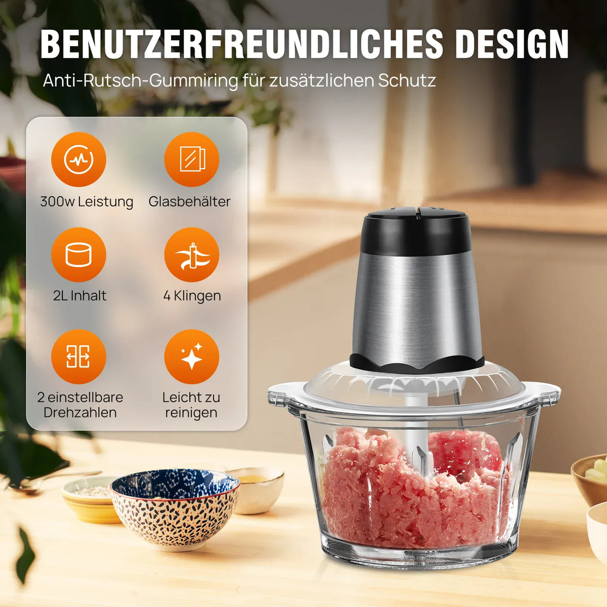 Hachoir Électrique Multifonction 300 W — Bol en Verre 2 L, 4 Lames Inox, 2 Vitesses hachoir electrique
