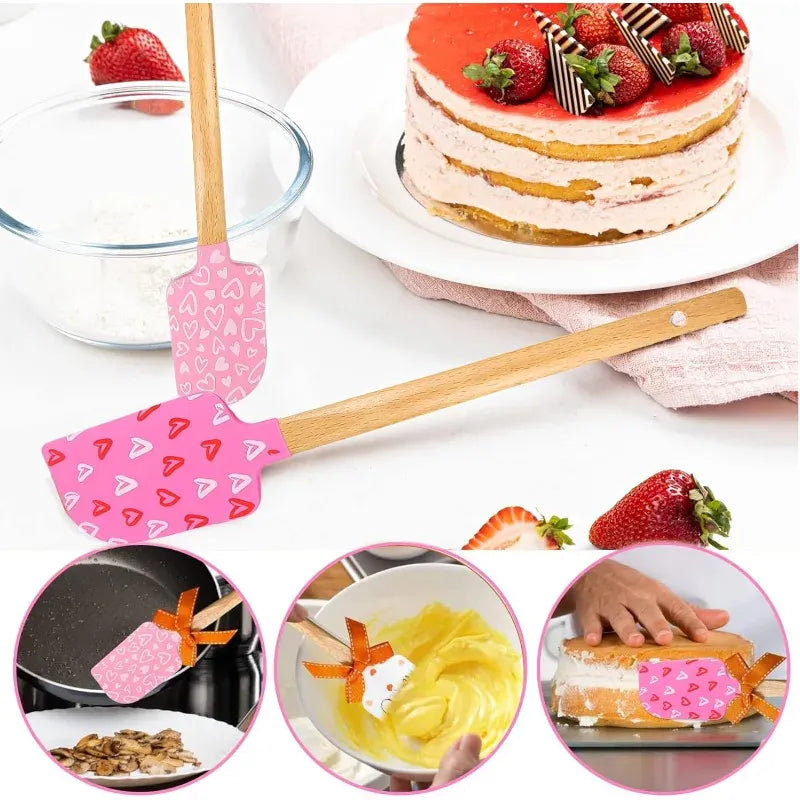 Spatule en Silicone Motifs Cœurs avec Manche en Bois spatule en silicone