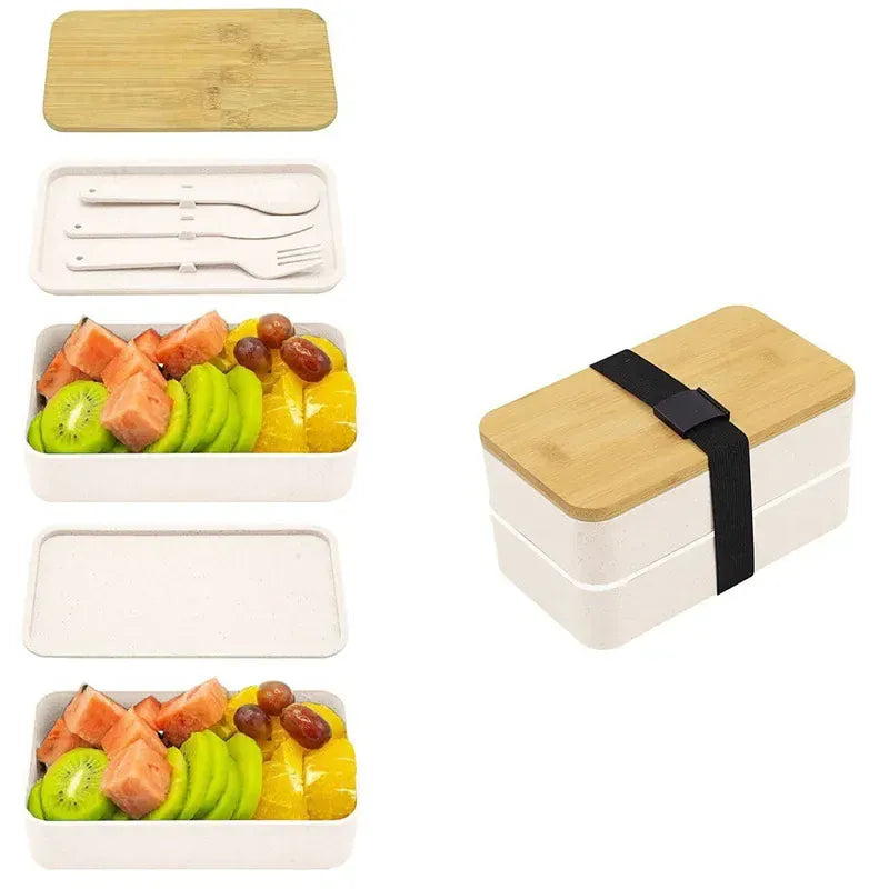 Bento 2 Étages en Bambou et Plastique | Boîte de Rangement Alimentaire Bento