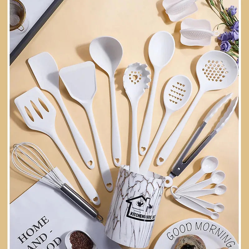 Set de 18 Ustensiles Pratiques en silicone (Rose/Blanc/Noir) spatule en silicone