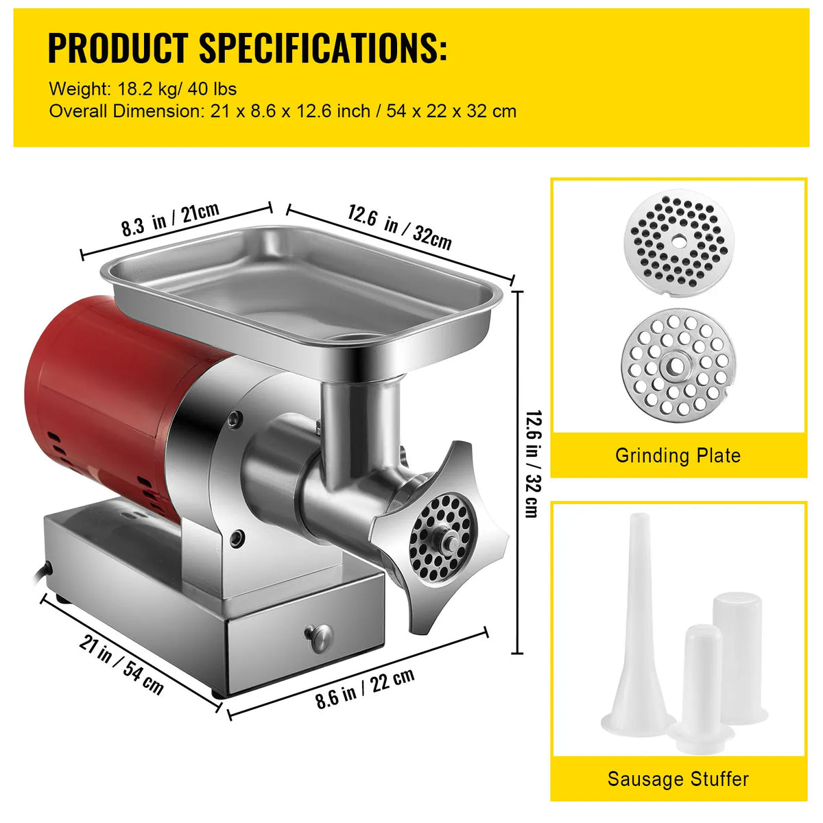 Hachoir à Viande Électrique 1 100 W — 300 kg/h, 2 Plaques + Kit Saucisse Hachoirs à Viande